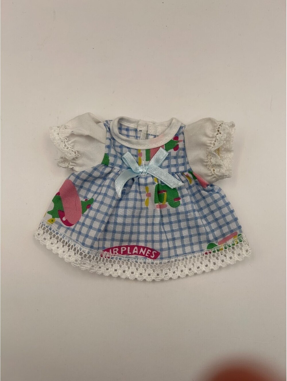 Vintage Gingham Doll Dress Blue White Novelty Airplanes Lace Trim Ribbon Bow